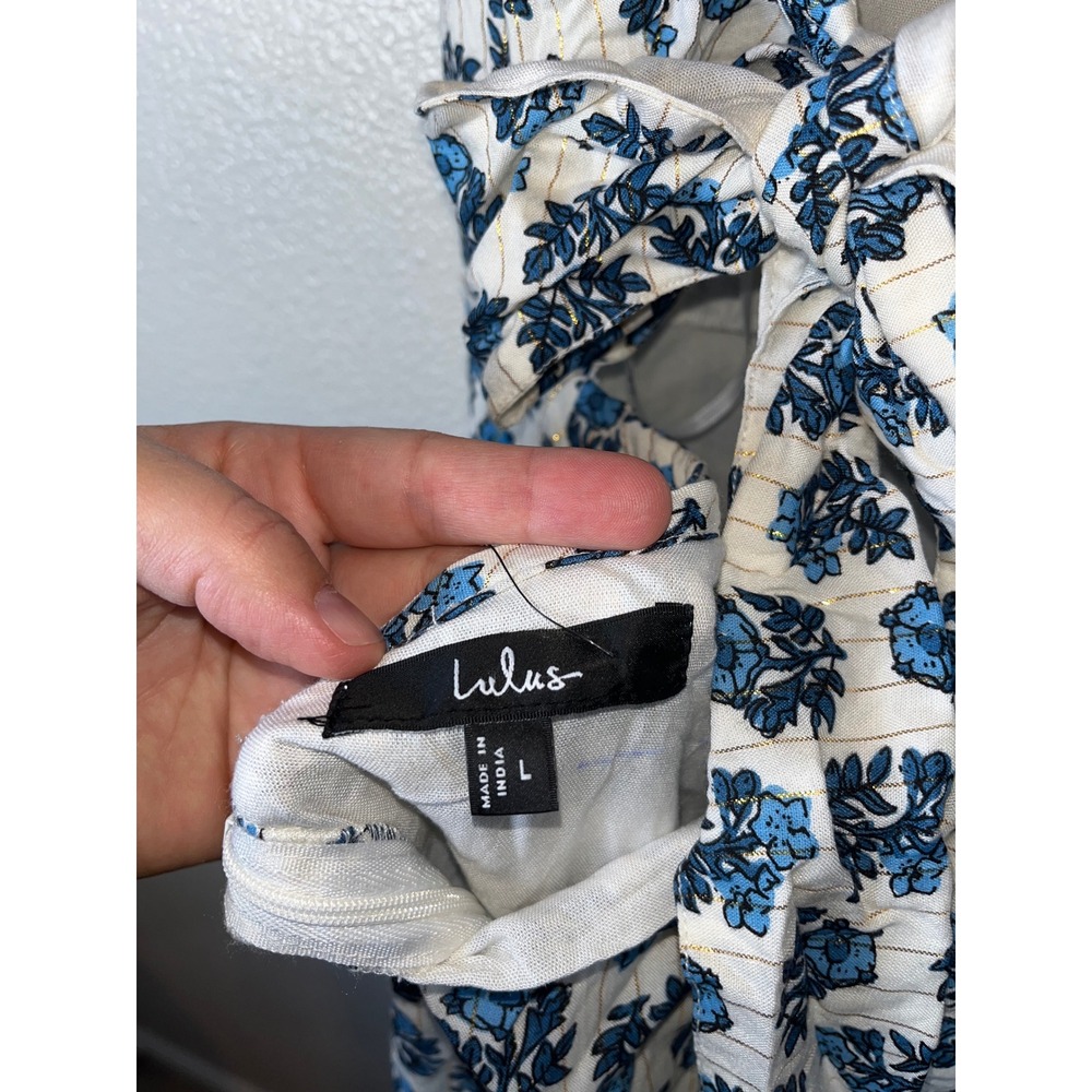 FLAW Lulus Flirty Fave Ivory Floral Print Tie-Back Midi Dress Sleeveless Blue LG - Picture 8 of 11